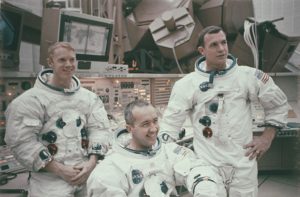 From left to right, astronauts Russell Louis 'Rusty' Schweickart, James Alton McDivitt and David Randolph Scott, the crew of NASA's scheduled Apollo 9 mission, at the Kennedy Space Center in Florida, February 1969.