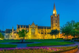 St. Patrick's Cathedral in Dublin, Ireland, during twilight.