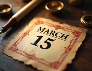Vintage calendar page displays March 15, Ides of March. Antique parchment with decorative border sits on wooden desk beside quill pen, golden inkwells. Historical reminder of ancient. AI generated