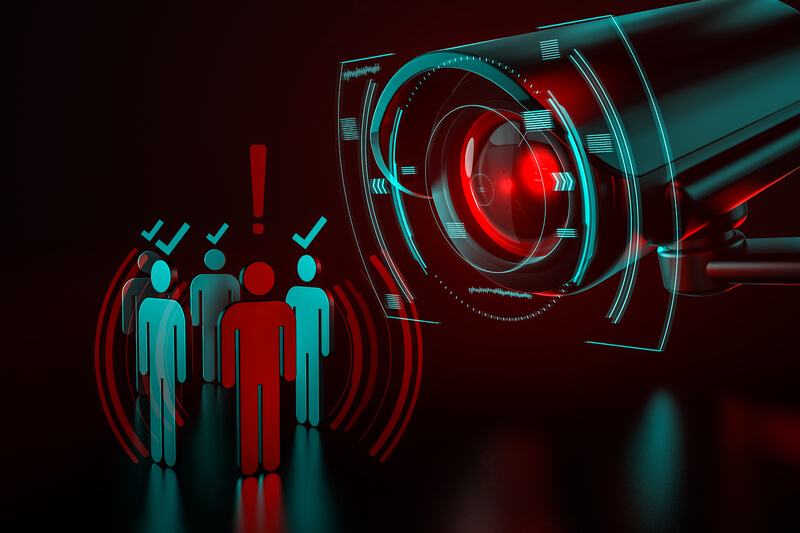 Giant camera checkes group of people as a metaphor of AI-driven artificial intelligence surveillance system taking control over world we know concept. 3D render