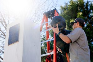 DENVER, COLORADO - MARCH 19: Denver Arts and Venues facilities workers remove a bust of Cesar Chavez from Cesar Chavez Park on March 19, 2026 in Denver, Colorado. The city removed the bust, and plans to rename the park, after the late labor leader and civil rights activist was accused of sexual abuse. (Photo by Michael Ciaglo/Getty Images)