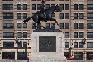 Caesar Rodney Statue, Rodney Square, Wilmington, Delaware, USA. Viewed from the southwest. A contributing property to the Rodney Square Historic District. This is an image of a place or building that is listed on the National Register of Historic Places in the United States of America.