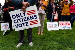 Attendees listen to Rep. Chip Roy (R-TX) speaking at a "Only Citizens Vote" bus tour rally on passing the SAVE Act at Upper Senate Park outside the U.S. Capitol on September 10, 2025 in Washington, DC.