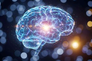Glowing Blue Human Brain with Electrical Sparking Particles. A detailed, translucent blue silhouette of a human brain is illuminated from within by bright, sparking particles and a central golden light. The brain's structure is outlined with glowing lines, and small particles emanate from it, suggesting electrical activity or data flow. A dark background with out-of-focus bokeh lights adds depth and a sense of wonder