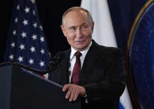 Russian President Vladimir Putin delivers a statement during a press conference with U.S. President Donald Trump at Joint Base Elmendorf-Richardson on August 15, 2025 in Anchorage, Alaska.