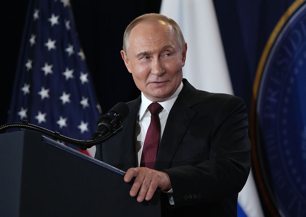 Russian President Vladimir Putin delivers a statement during a press conference with U.S. President Donald Trump at Joint Base Elmendorf-Richardson on August 15, 2025 in Anchorage, Alaska.