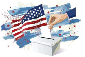 Hand Casting Vote in Ballot Box with American Flag Background. This powerful and symbolic image depicts a close-up view of a man's hand placing a paper ballot into a white slot, with a prominent American flag waving in the background. The photograph captures the essence of democratic participation and the importance of voting in the United States. The focus on the hand and ballot against the backdrop of the American flag creates a strong visual representation