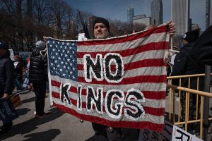 Demonstrators gather downtown in Grant Park to protest policies of the Trump administration by participating in a No Kings rally and march on March 28, 2026 in Chicago, Illinois.
