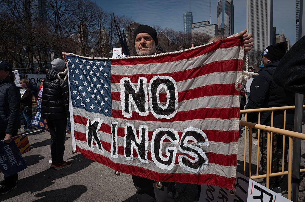 Demonstrators gather downtown in Grant Park to protest policies of the Trump administration by participating in a No Kings rally and march on March 28, 2026 in Chicago, Illinois.