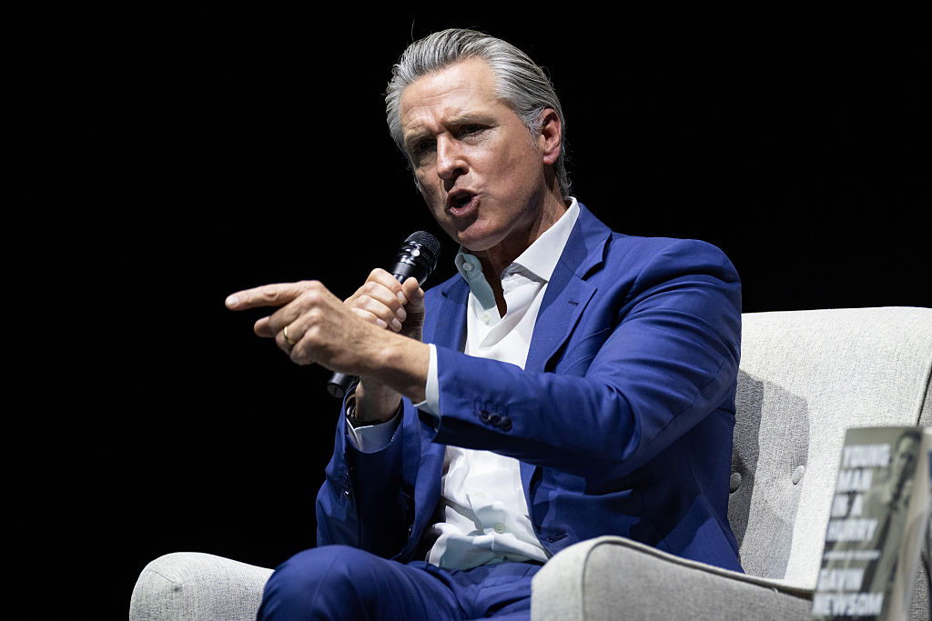 SAN FRANCISCO, CALIFORNIA - FEBRUARY 28: California Gov. Gavin Newsom gestures at an event promoting his book "Young Man in a Hurry" on February 28, 2026 in San Francisco, California. Newsom's book, which he discussed with Journalist Kara Swisher on stage, reflects on his life and career. (Photo by Benjamin Fanjoy/Getty Images)