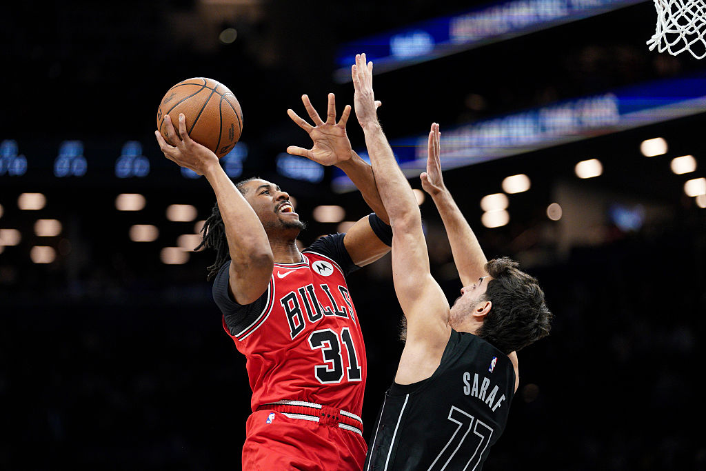 Jaden Ivey #31 of the Chicago Bulls goes to the basket as Ben Saraf #77 of the Brooklyn Nets defends in the first half at Barclays Center on February 09, 2026 in New York City.