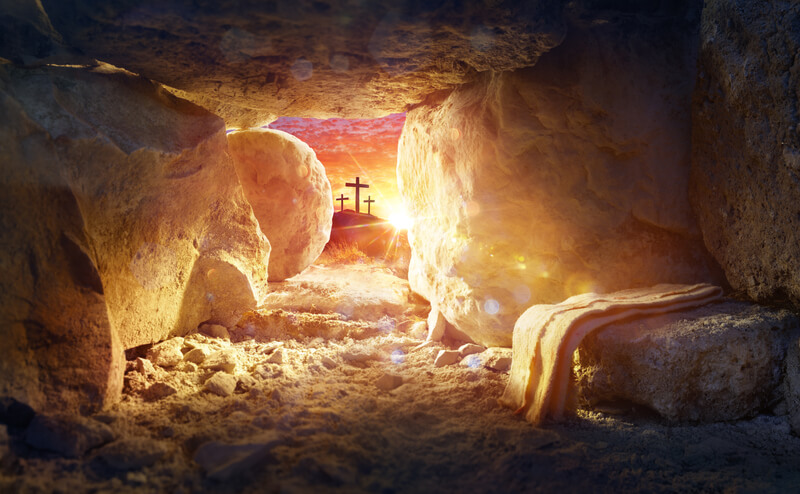 Resurrection Of Jesus Christ - Tomb Empty With Shroud And Crucifixion At Sunrise With Abstract Bokeh Lights