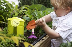 A children's gardening trowel and a watering can, which are tools used for planting, weeding, and watering small gardens.