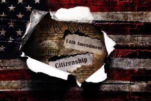 American flag with a hole and US Constitution 14th Amendment Citizenship headlines.