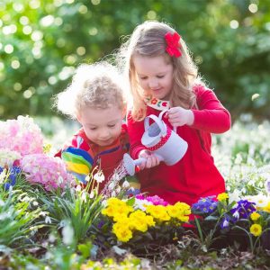 Two young children happily watering flowers together in a lush garden.