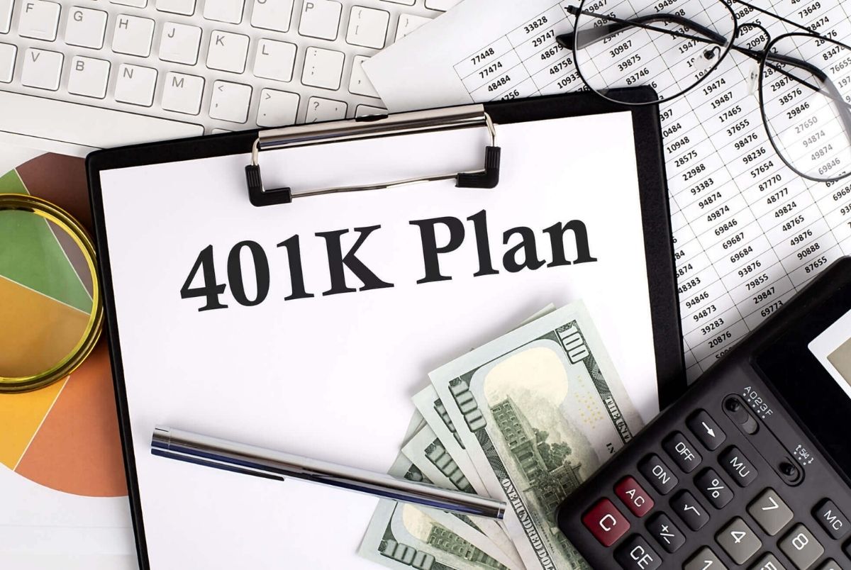 Text 401 K PLAN on Office desk table with keyboard,dollars,calculator ,supplies,analysis chart on the white background