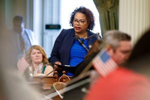 Democratic Assembly Member Mia Bonta speaks during a meeting of the California State Assembly at the California State Capitol on August 21, 2025 in Sacramento, California.