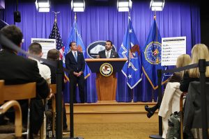 Federal Bureau of Investigation (FBI) Director Kash Patel speaks alongside Acting U.S. Attorney General Todd Blanche during a news conference at the at the Robert F. Kennedy Department of Justice building on April 21, 2026 in Washington, DC.