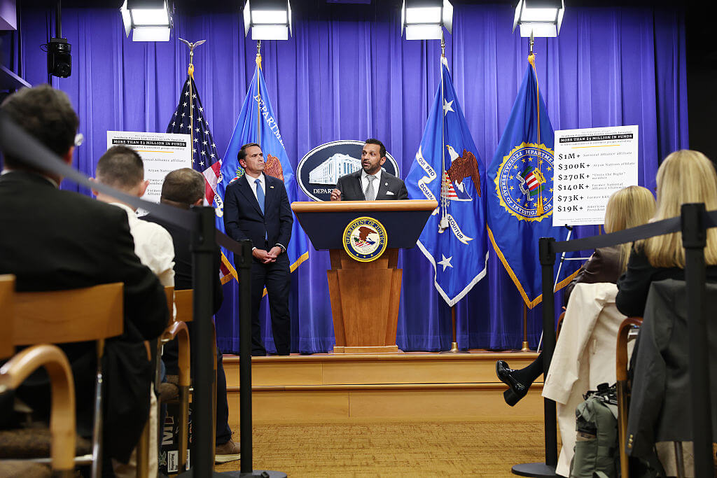 Federal Bureau of Investigation (FBI) Director Kash Patel speaks alongside Acting U.S. Attorney General Todd Blanche during a news conference at the at the Robert F. Kennedy Department of Justice building on April 21, 2026 in Washington, DC.