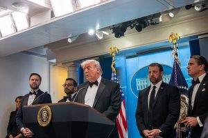 U.S. President Donald Trump speaks during a press conference in the Brady Briefing Room of the White House on April 25, 2026 in Washington, DC.