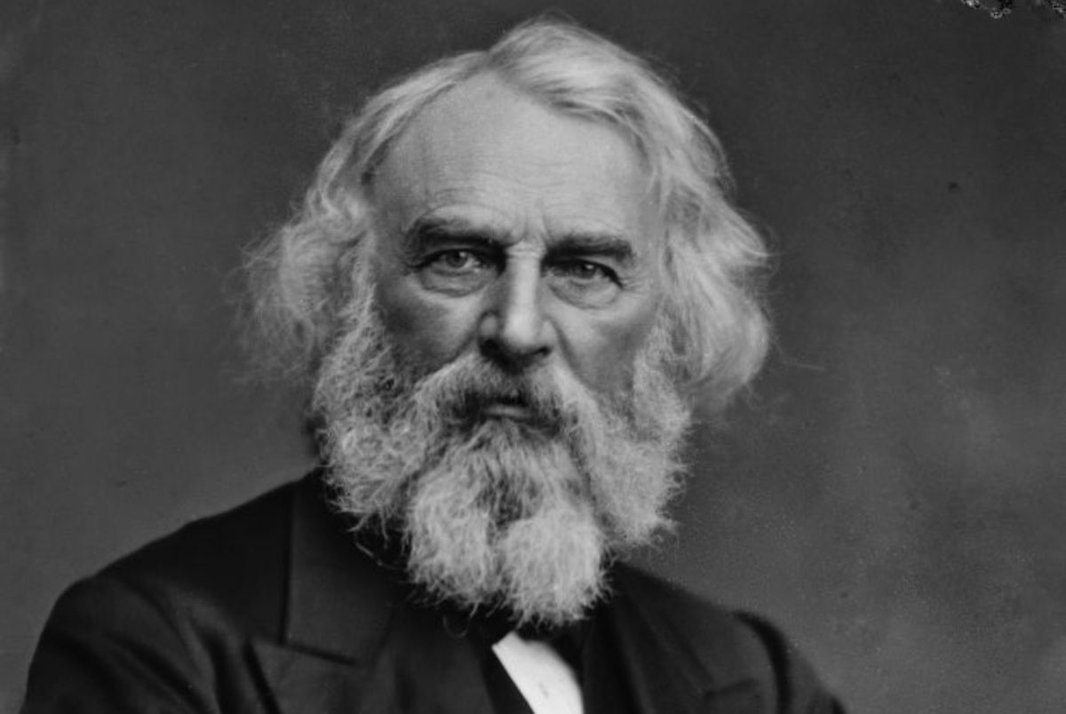 A half-length bound mylar portrait of American poet and educator Henry Wadsworth Longfellow, wearing a black suit over a waistcoat, a white shirt and a bow tie, circa 1867.
