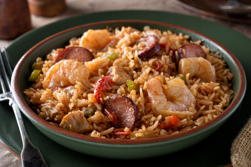 Cajun Jambalaya. A bowl of delicious cajun style jambalaya with shrimp, chicken and sausage.