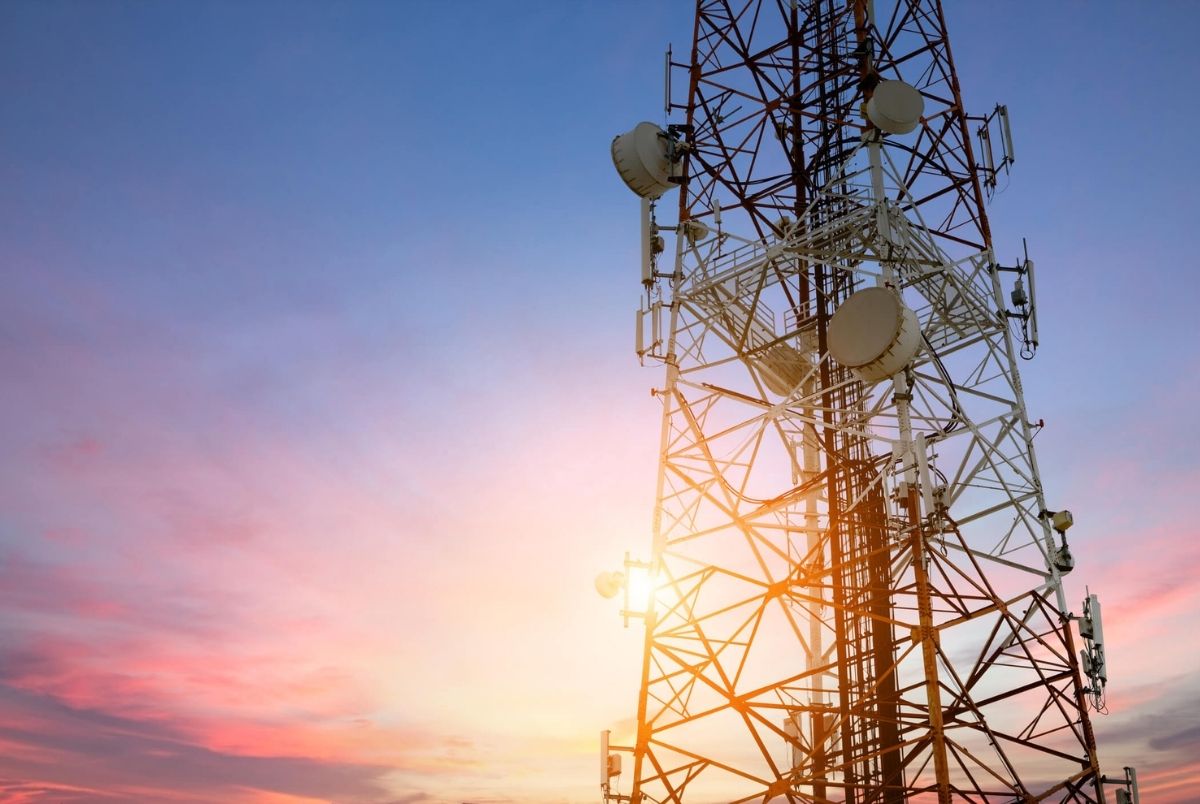Satellite dish telecom at sunset communication technolog. Satellite dish telecom network at sunset communication technology network