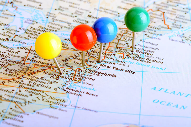 east coast map with pins