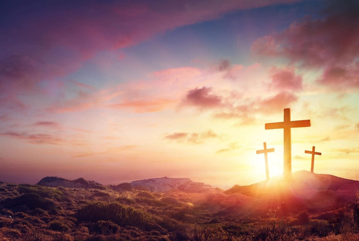 Crucifixion Of Jesus Christ Three Crosses On Hill At Sunset