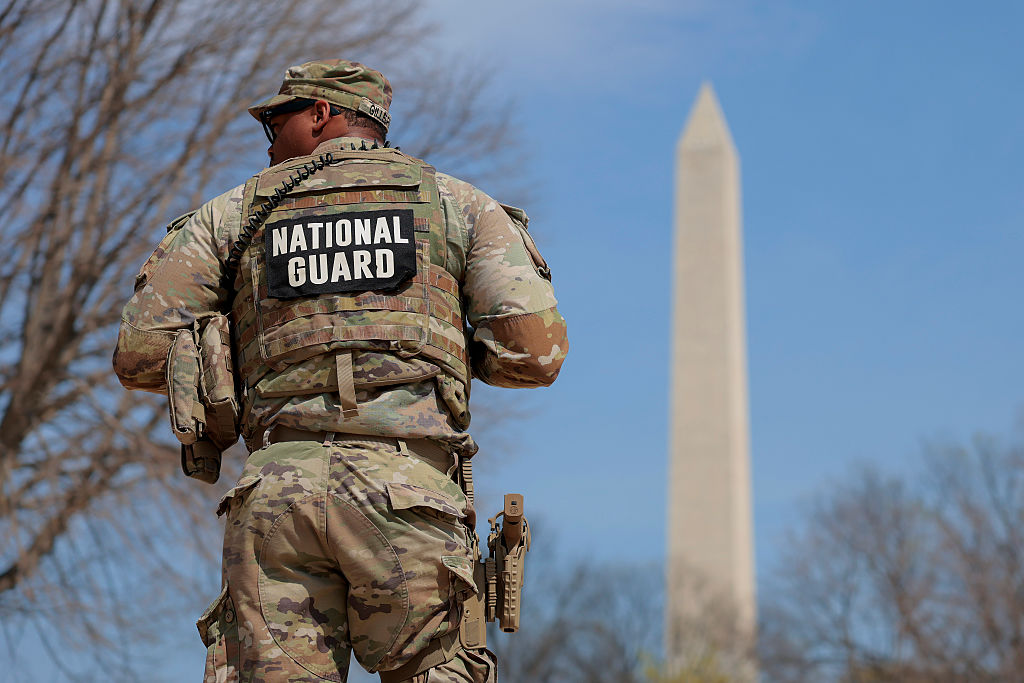 WASHINGTON, DC - MARCH 26: Members of the National Guard patrol around the WWII Memorial on March 26, 2026 in Washington, DC. President Donald Trump announced in his cabinet meeting on Thursday that "I never want to take them out of D.C." (Photo by Heather Diehl/Getty Images)