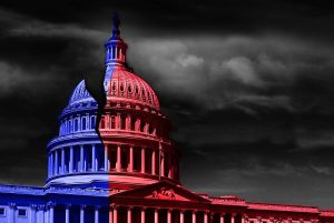 Washington DC capitol divided politics. The United States capitol building half red and blue, representing Democrat and Republican political division