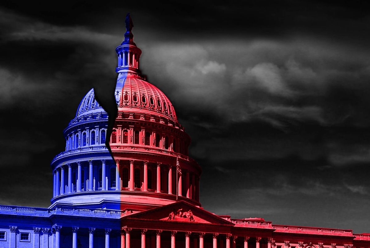 Washington DC capitol divided politics. The United States capitol building half red and blue, representing Democrat and Republican political division