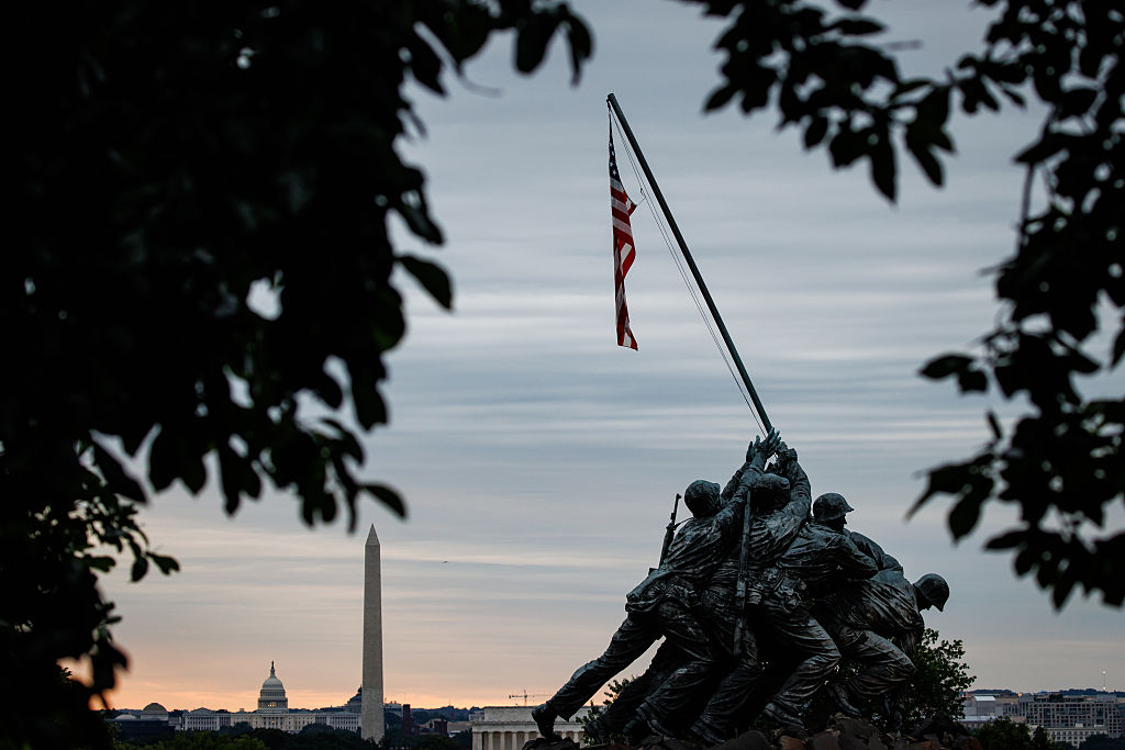 INGTON, VIRGINIA - MAY 26: The Iwo Jima U.S. Marine Corps Memorial is seen at sunrise with the Lincoln Memorial, Washington Monument, and U.S. Capitol building behind it on the National Mall on Memorial Day on May 26, 2025 in Arlington, Virginia. Memorial Day is dedicated to those who gave their lives while serving in the U.S. Armed Forces. (Photo by Samuel Corum/Getty Images)