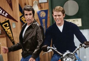 The Fonz and Richie Cunningham at the Diner on Motorcycle.