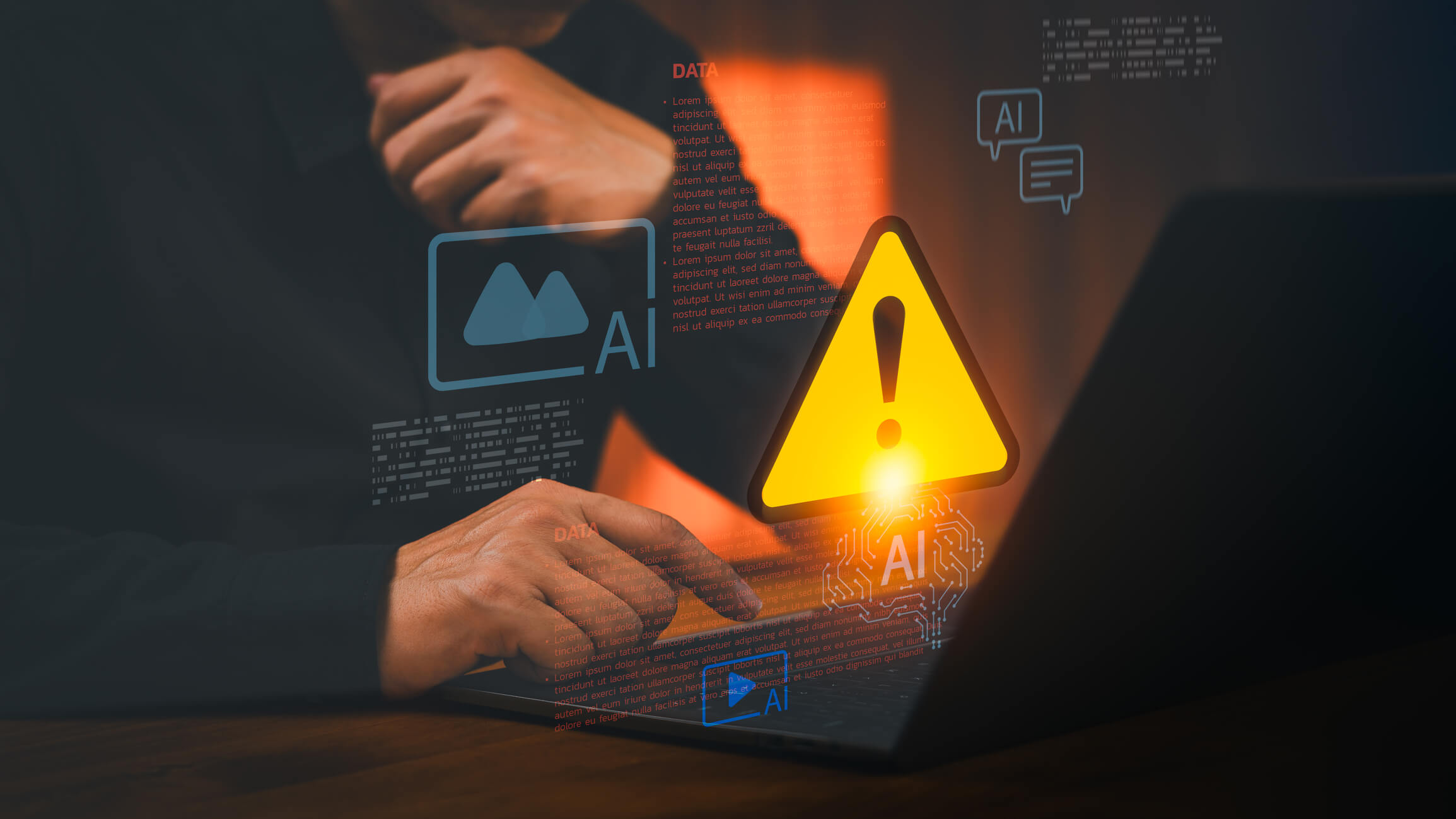 Man using laptop with AI technology security warning alert. Cyber risk data protection and artificial intelligence digital interface concept for business safety
