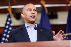 WASHINGTON, DC - APRIL 20: U.S. House Minority Leader Hakeem Jeffries (D-NY) speaks during a news conference at the U.S. Capitol Building on April 20, 2026 in Washington, DC. During the news conference Jeffries spoke on a range of topics including the Virginia redistricting referendum and sexual assault allegations against members within the House of Representatives. (Photo by Anna Moneymaker/Getty Images)