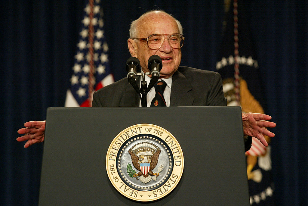 405152 05: Milton Friedman, recipient of the 1976 Nobel Prize for economic science, speaks May 9, 2002 during a White House event in Washington, DC. U.S. President George W. Bush congratulated Friedman on his upcoming 90th Birthday as well as his past achievements. (Photo by Alex Wong/Getty Images)