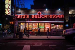 Katz's Delicatessen, a world-famous, historic kosher-style deli located on the Lower East Side of Manhattan, serving customers since 1888.