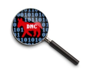 DNC Hack. Donkey DNC Computer Search Magnifying Glass Isolated on a White Background.