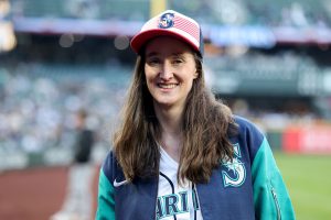 Seattle Mayor Katie Wilson looks on after the ceremonial first pitch before the game between the Seattle Mariners and the New York Yankees at T-Mobile Park on March 30, 2026 in Seattle, Washington.