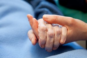 Old Hand Care Elderly. A young hand touches and holds an old wrinkled hand