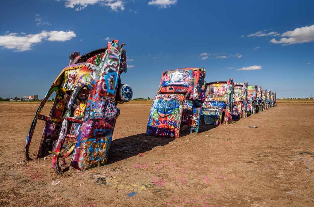 The iconic Cadillac Ranch art installation located just west of Amarillo, Texas along Route 66.