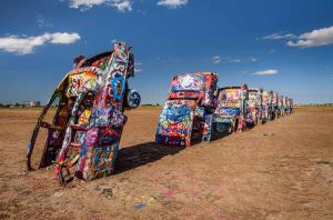 The iconic Cadillac Ranch art installation located just west of Amarillo, Texas along Route 66.