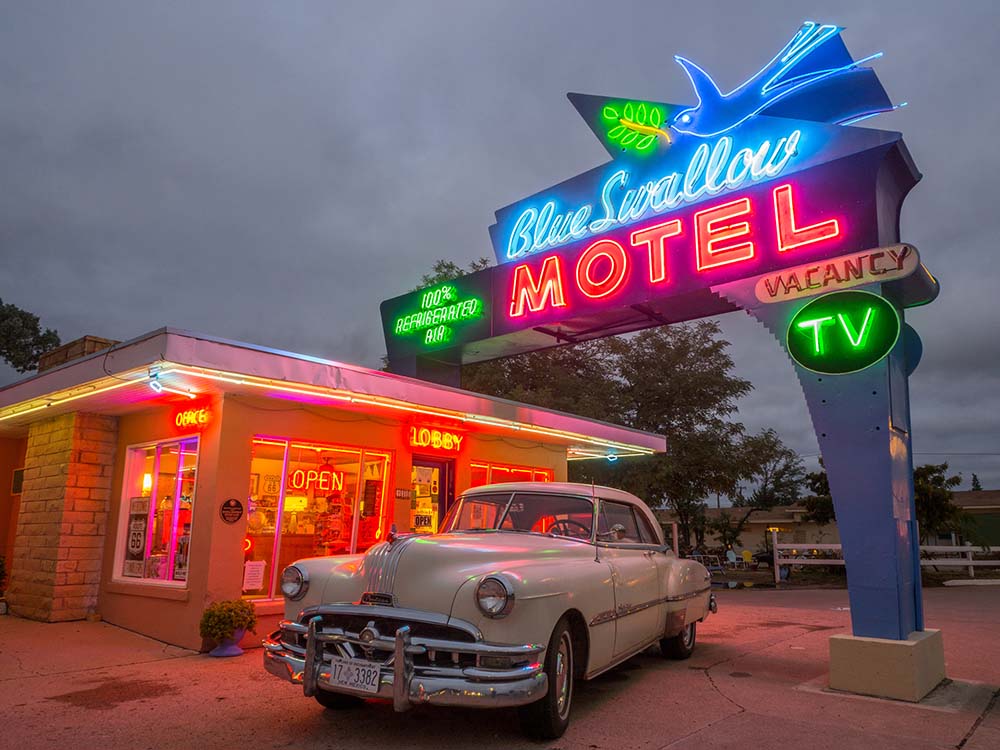 The iconic Blue Swallow Motel in Tucumcari, New Mexico, a renowned historic motor court on Route 66.
