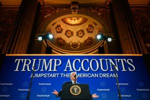 President Donald Trump delivers remarks on Trump Accounts at the Andrew W. Mellon Auditorium in Washington, D.C., Wednesday, January 28, 2026.