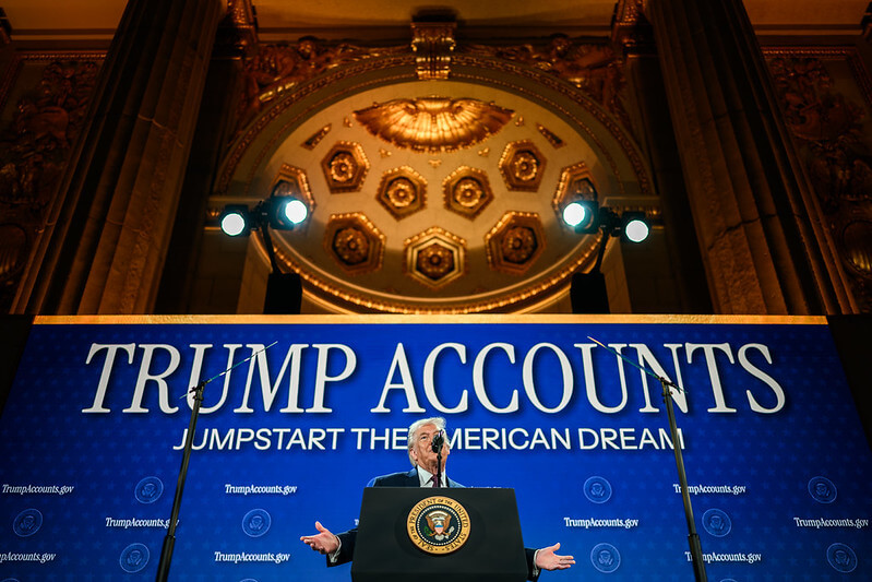 President Donald Trump delivers remarks on Trump Accounts at the Andrew W. Mellon Auditorium in Washington, D.C., Wednesday, January 28, 2026.