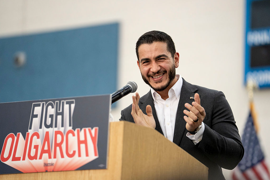 Abdul El-Sayed, candidate for US Senate in Michigan, speaks before U.S. Sen. Bernie Sanders (I-VT) takes the stage at Mumford High School on May 3, 2026 in Detroit, Michigan.