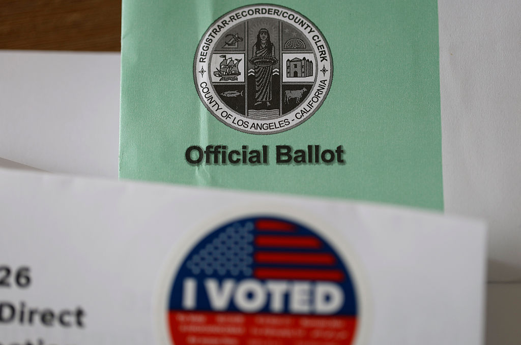 LOS ANGELES, CALIFORNIA - JUNE 02: In this photo illustration, a Los Angeles County election ballot and 'I Voted' sticker are displayed on June 02, 2026 in Los Angeles. California voters are casting ballots in the state's primary election today. (Photo Illustration by Justin Sullivan/Getty Images)