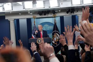 U.S. President Donald Trump takes questions from the media during a press briefing in the James S. Brady Press Briefing Room of the White House on January 20, 2026 in Washington, DC.