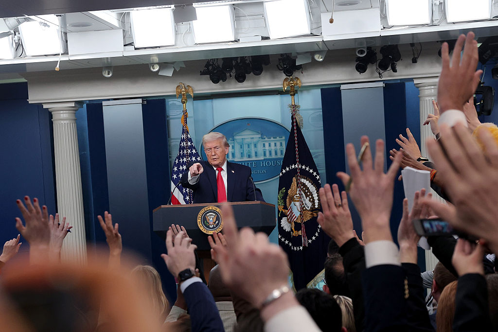U.S. President Donald Trump takes questions from the media during a press briefing in the James S. Brady Press Briefing Room of the White House on January 20, 2026 in Washington, DC.